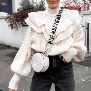 H&M Ruffle Chunky Knit Mock Neck Sweater Cream Ivory Medium